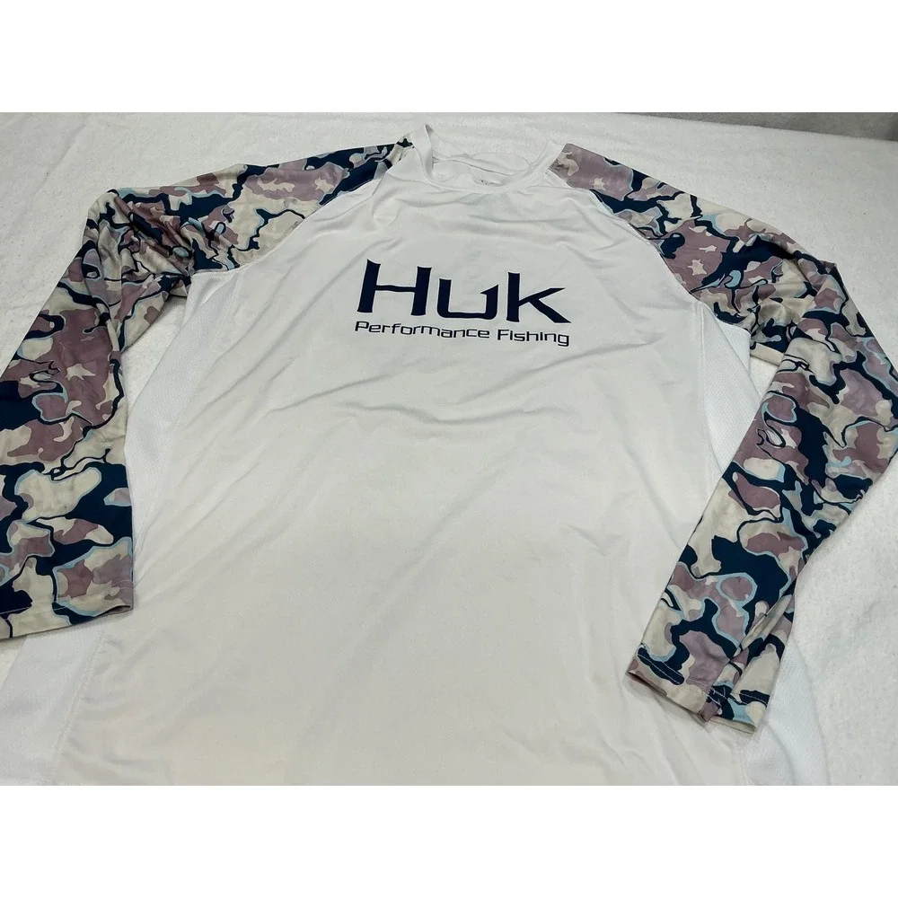 Huk‎ Performance Fishing Long Sleeve Rash Guard Shirt Men's Size M White Camo